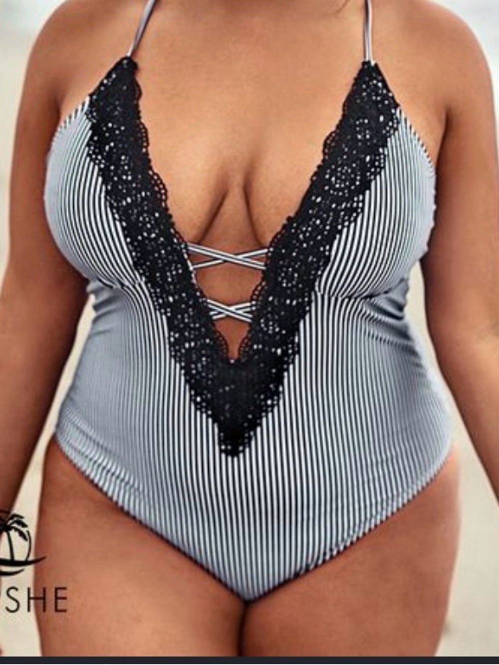 Cupshe Striped Lace-Trim V-Neck Women's one piece sexy swim- Black/White
